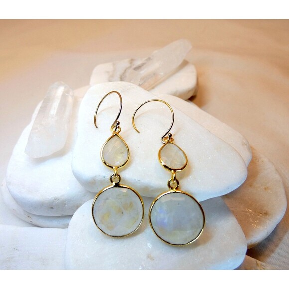 Rainbow Moonstone Gold Fill Earrings Dangle Drop Moon Goddess Healing - Picture 5 of 6